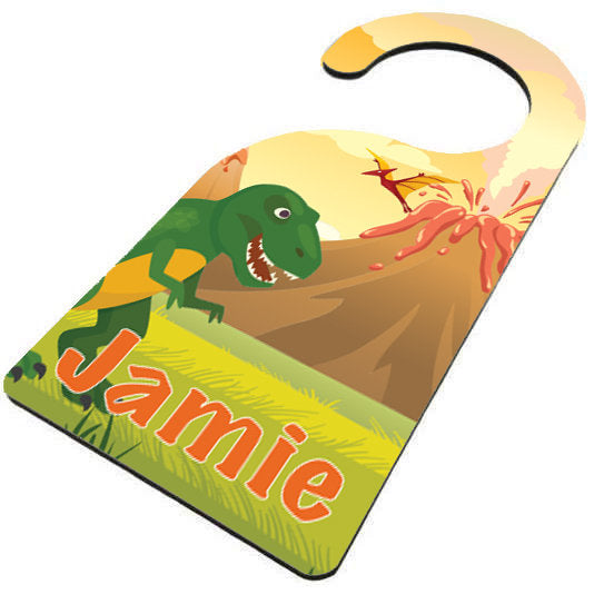 Personalised Children's Door Hanger - Dinosaur Volcano