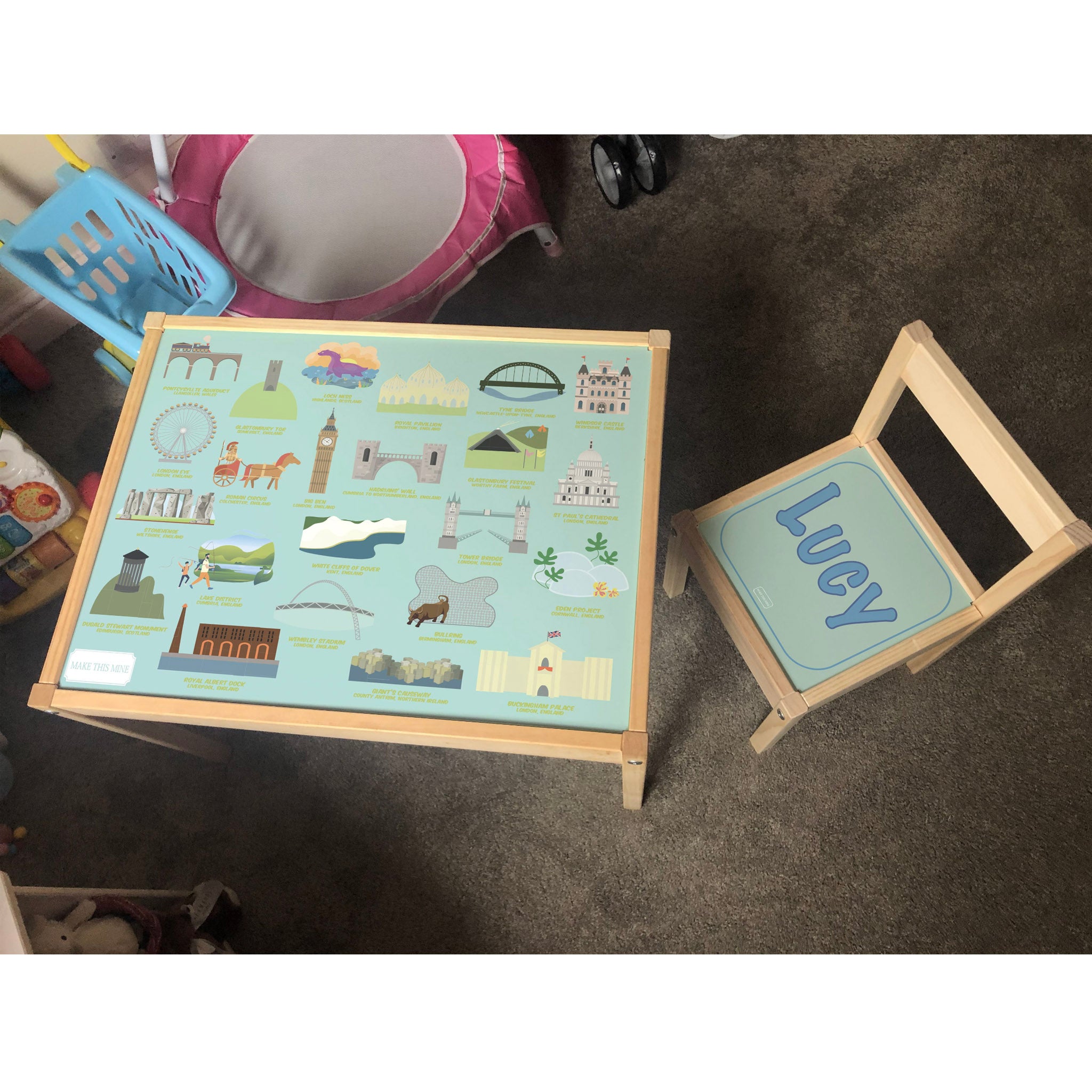 Personalised Children's Table and 1 Chair Printed UK Landmarks Design