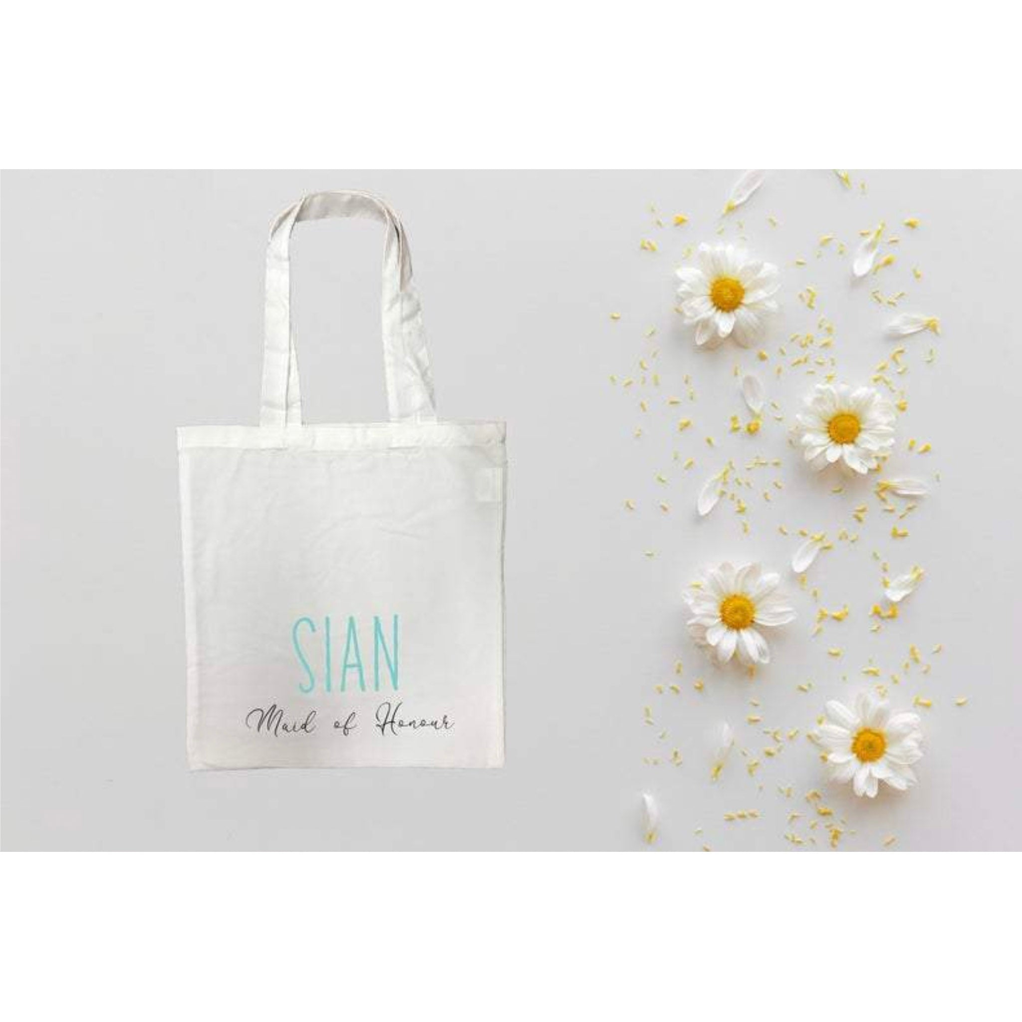 Maid of Honour Personalised White Tote Bag with Blue Text