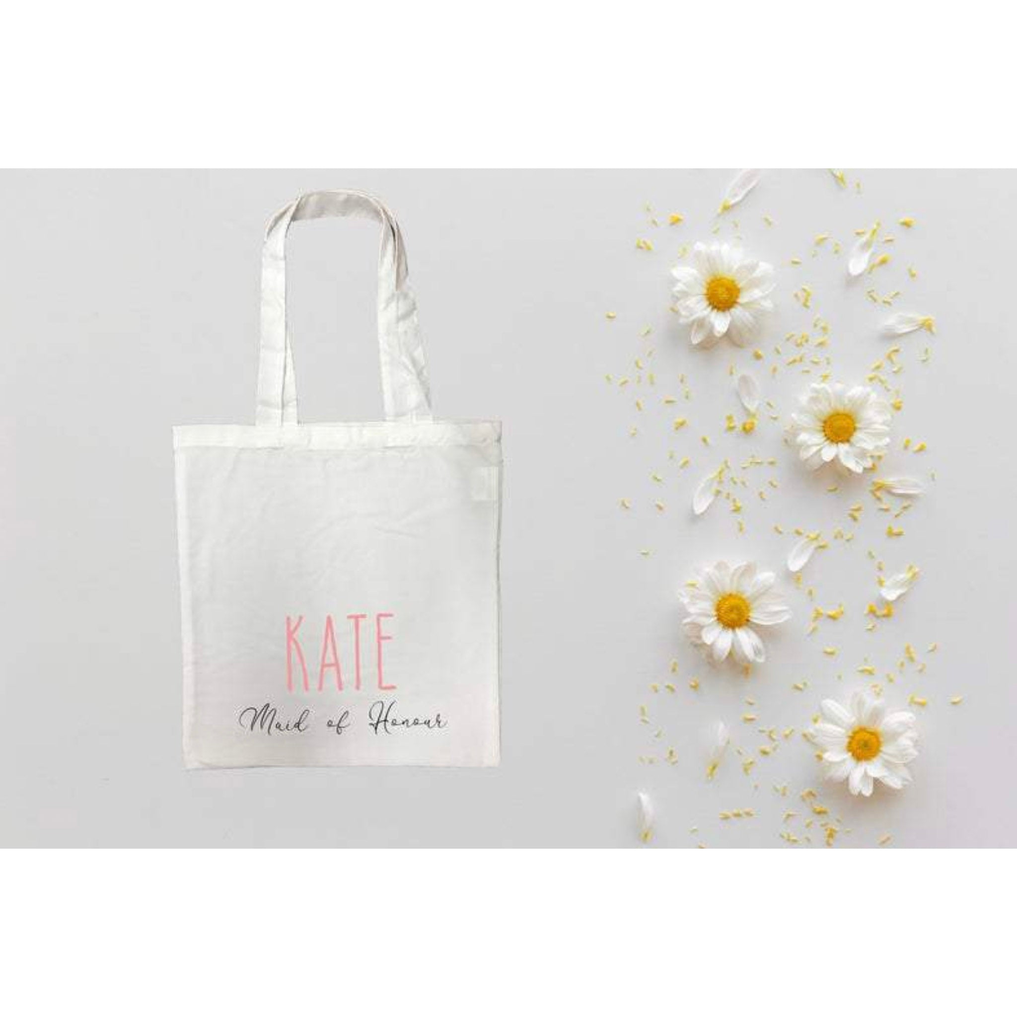 Maid of Honour Personalised White Tote Bag with Pink Text