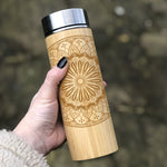 Personalised Engraved Mandala Bamboo Wooden Thermal Bottle with Tea Infuser