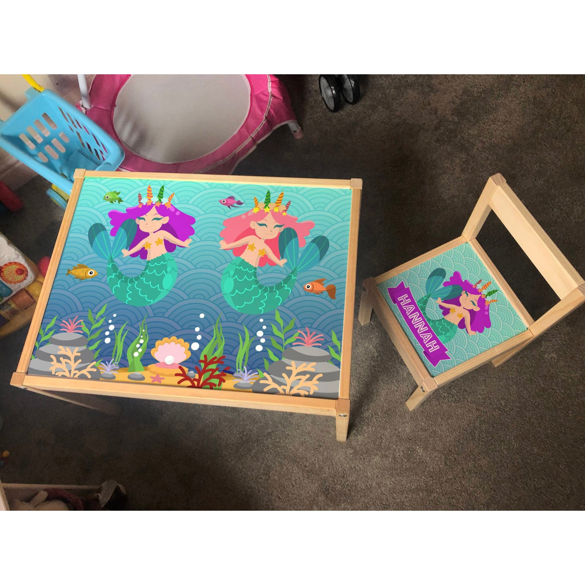 Personalised Children's Ikea LATT Wooden Table and 1 Chair Printed Mermaid