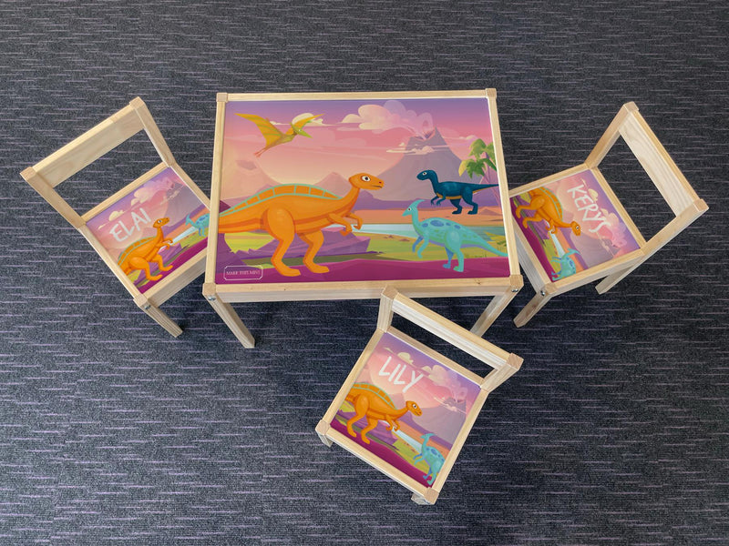 Personalised Children's Table and 3 Chairs Printed Pink Dinosaur Landscape Design