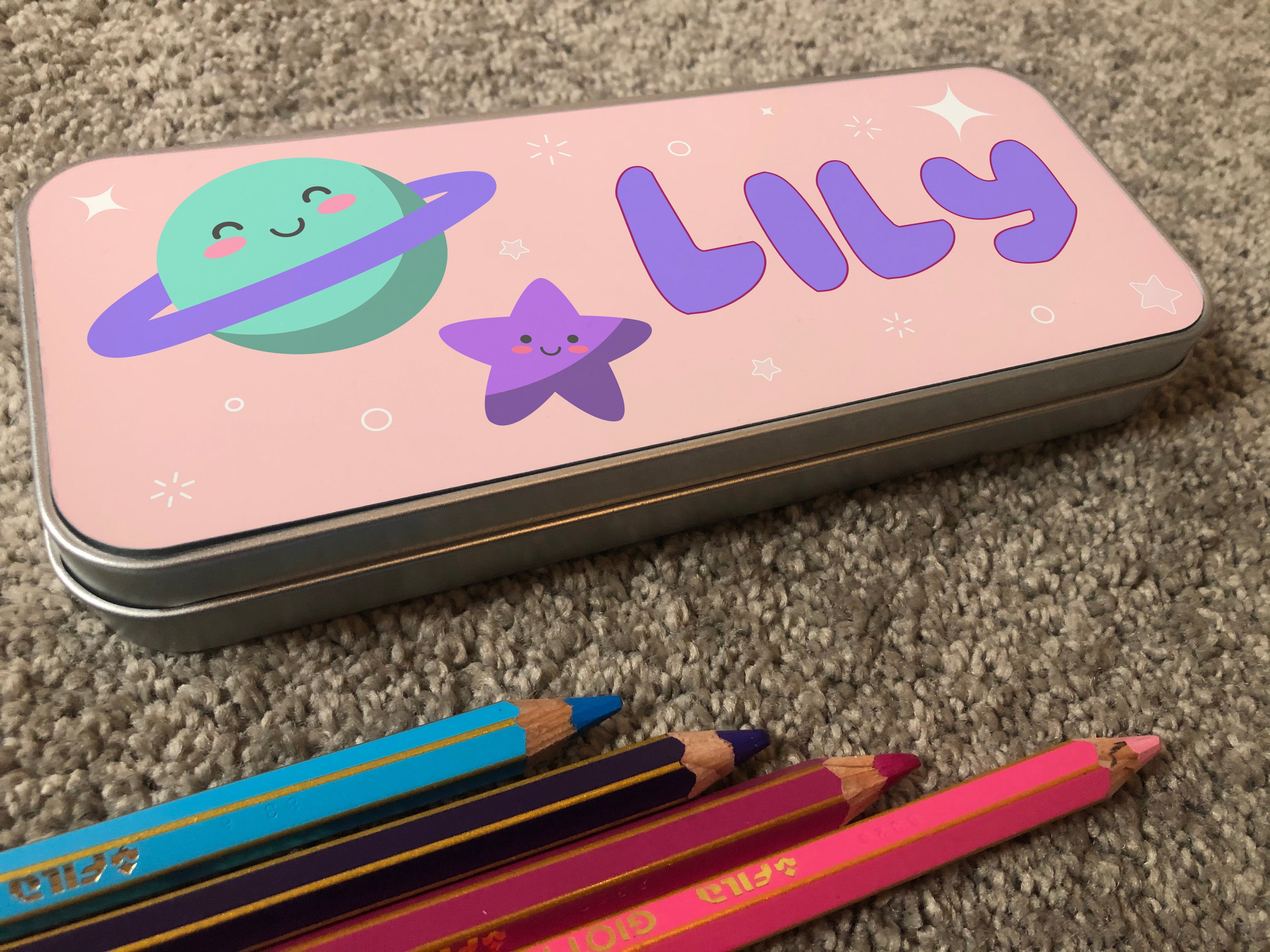 Personalised Children's Pencil Tin with Printed Pink Space Design