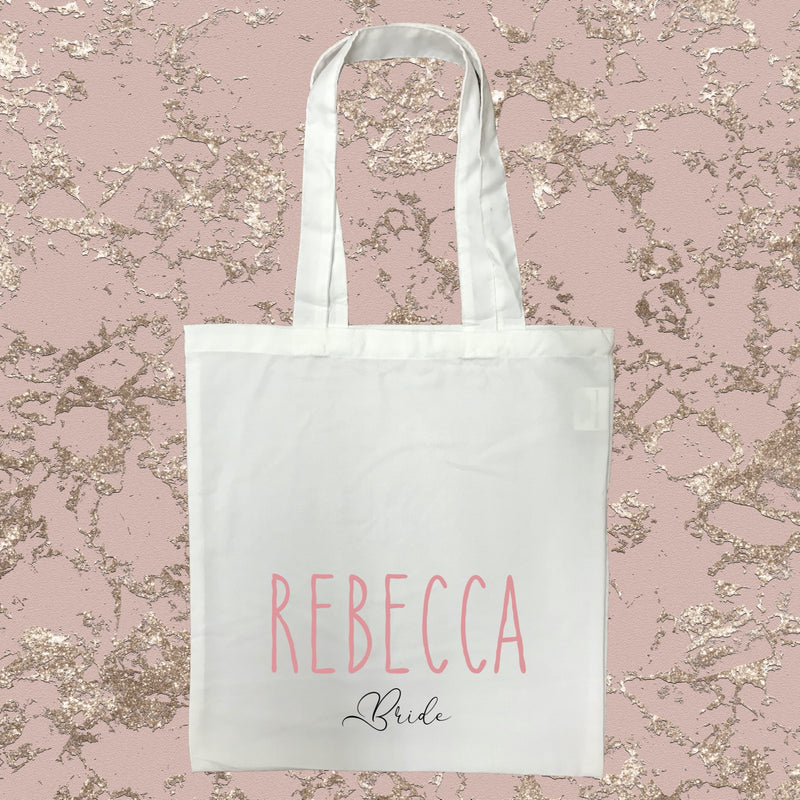 Personalised Bride White Tote Bag with Pink Text
