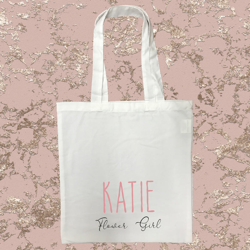 Flower Girl Personalised White Tote Bag with Pink Text