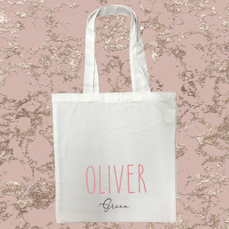 Groom Personalised White Tote Bag with Pink Text