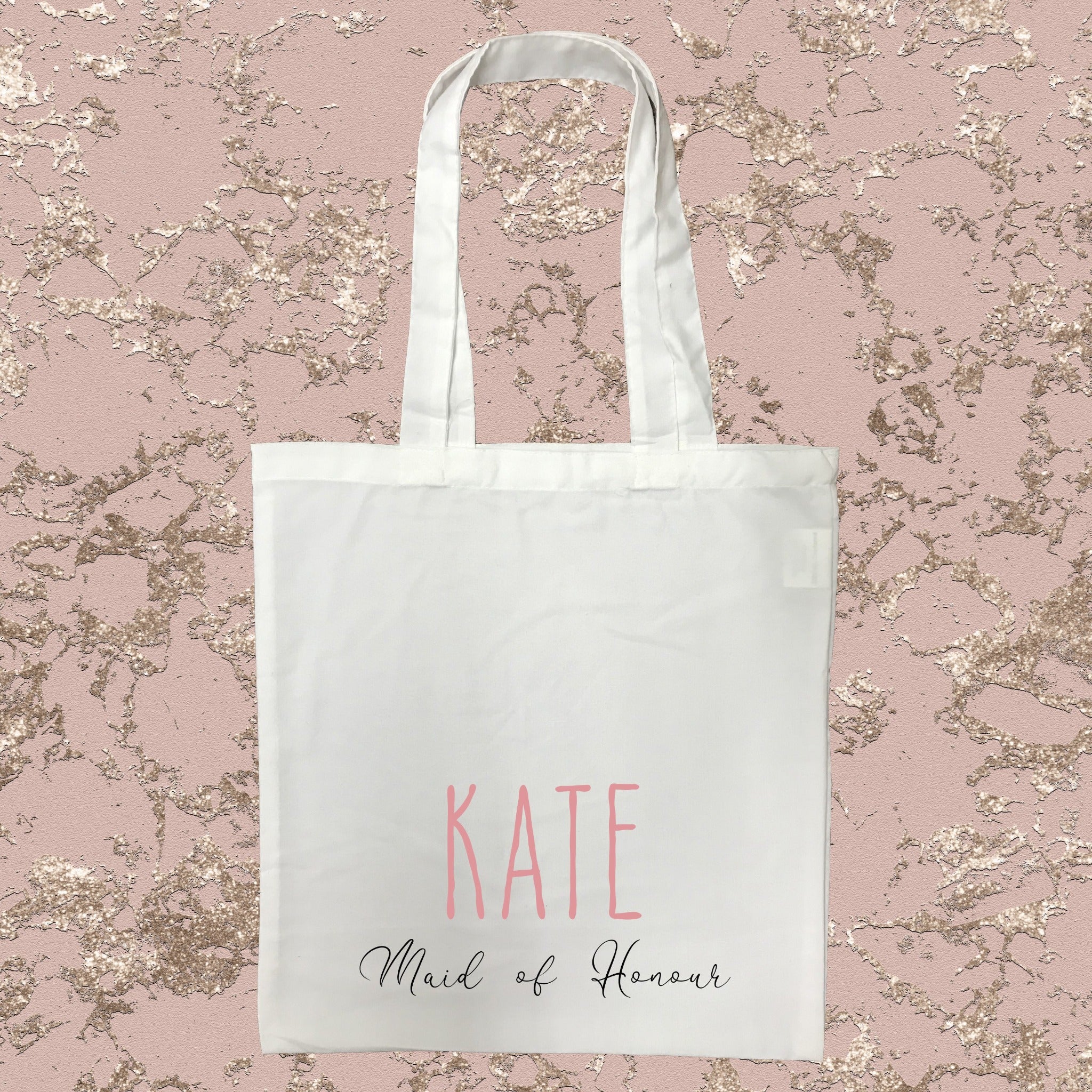 Maid of Honour Personalised White Tote Bag with Pink Text