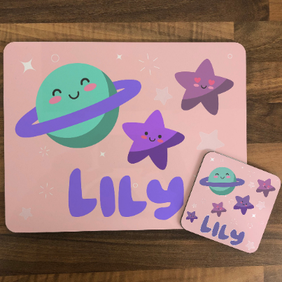 Personalised Pink Space Design Kids Hardboard Placemat