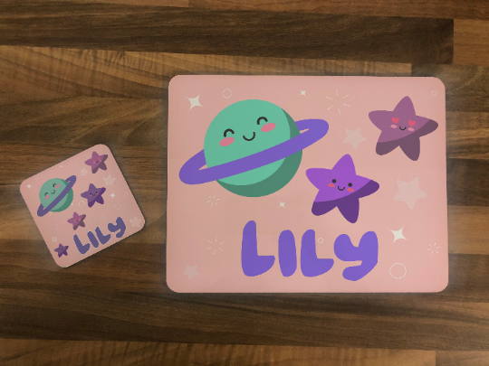 Personalised Pink Space Design Kids Hardboard Placemat