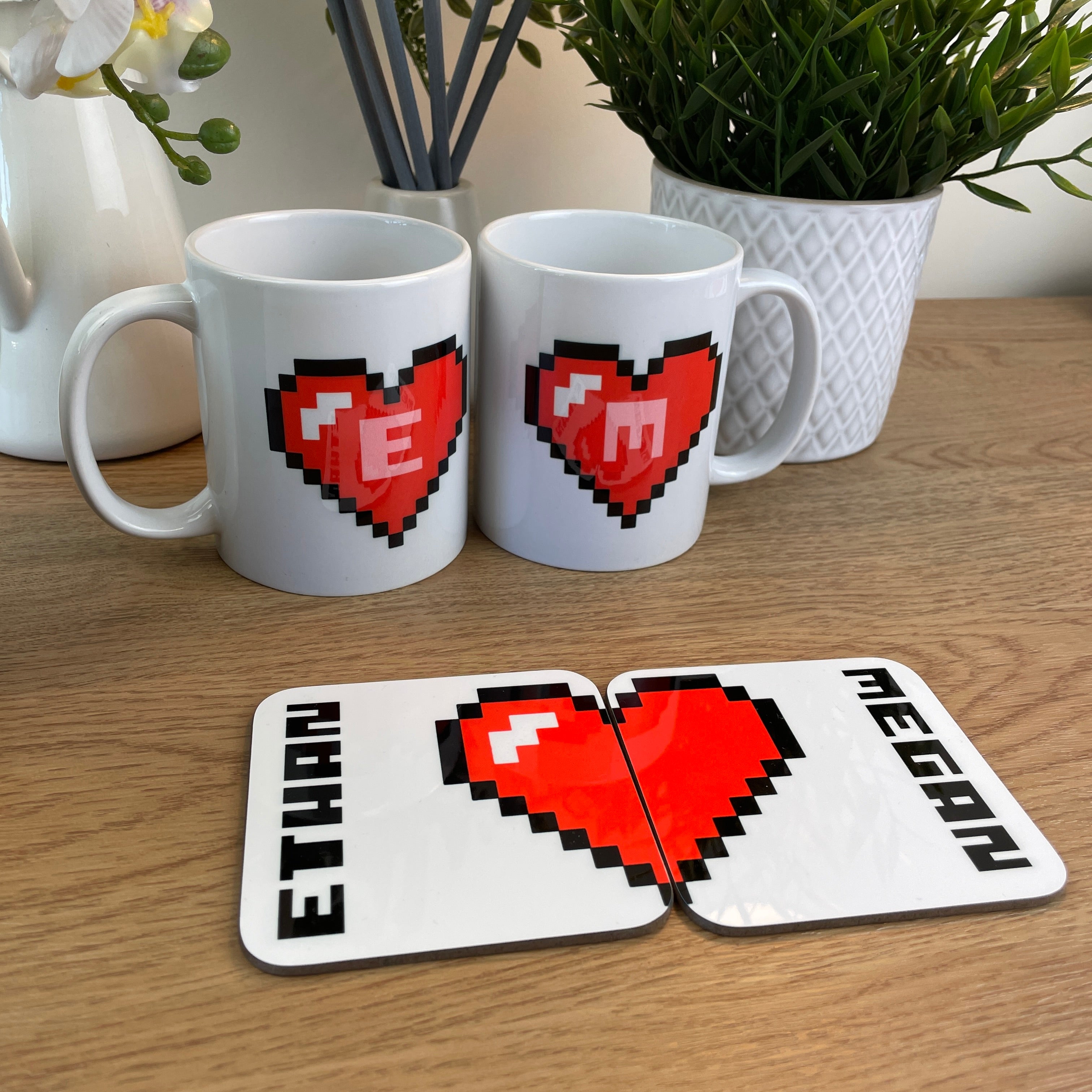 Personalised Valentine's Day 2 x Couples Mug & Coaster Set - Pixel Gamer Heart