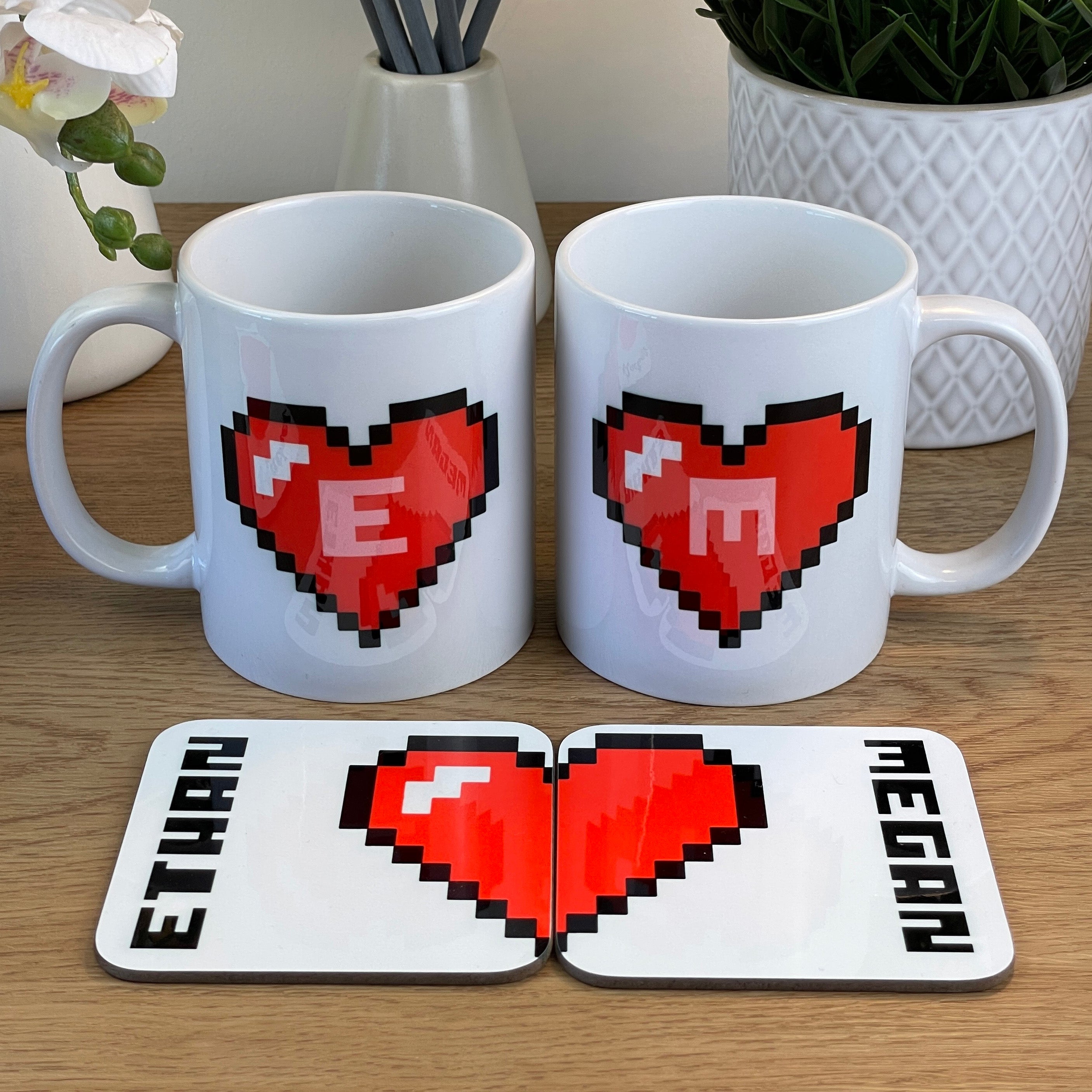 Personalised Valentine's Day 2 x Couples Mug & Coaster Set - Pixel Gamer Heart