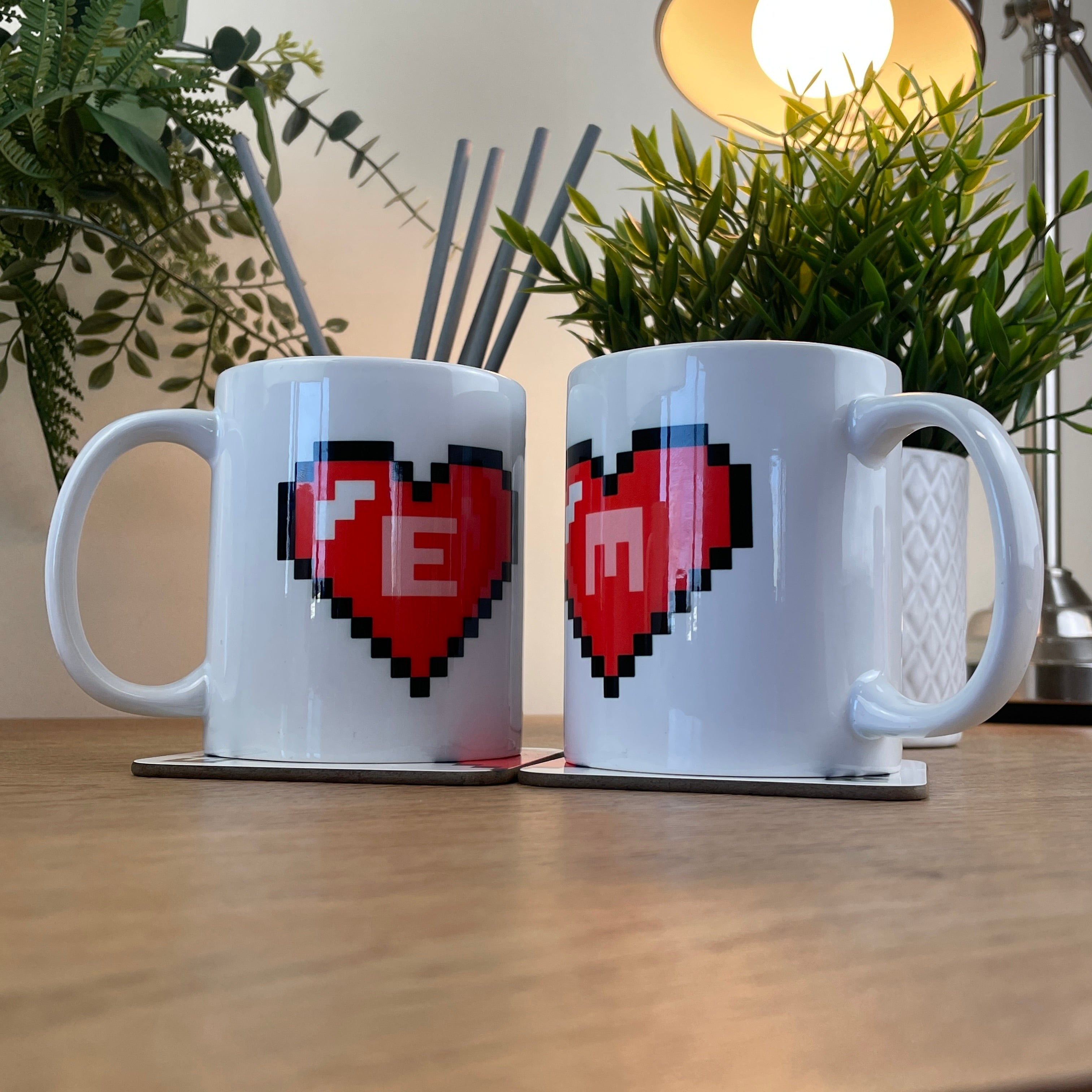 Personalised Valentine's Day 2 x Couples Mug & Coaster Set - Pixel Gamer Heart