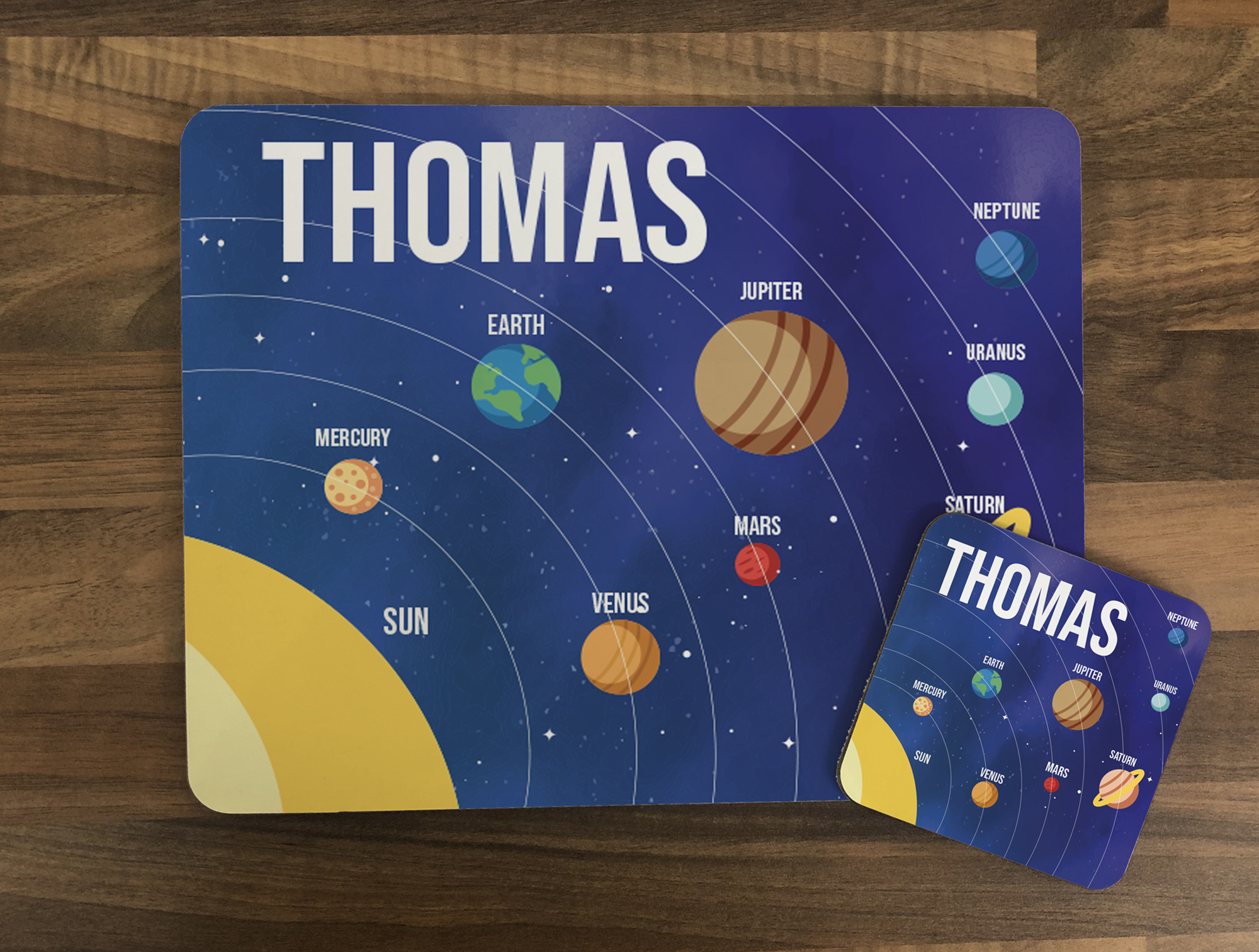 Personalised Kids Hardboard Placemat and Coaster Set Planet Design