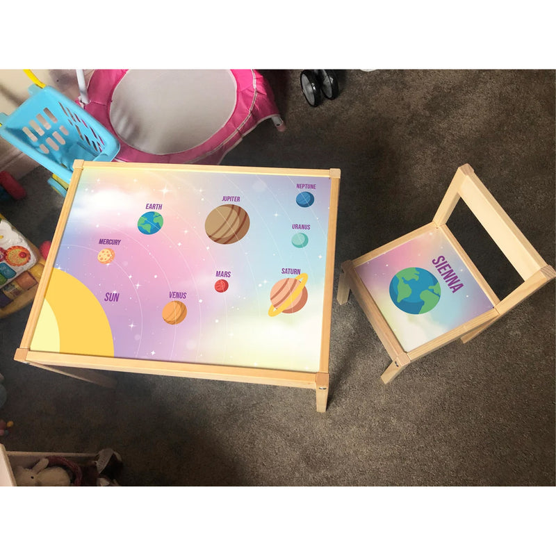 Personalised Children's Table and 1 Chair Printed Pink Planets Design