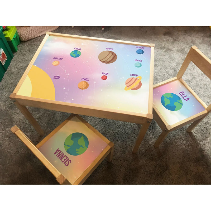 Personalised Children's Table and 2 Chairs Printed Pink Planets Solar System Design