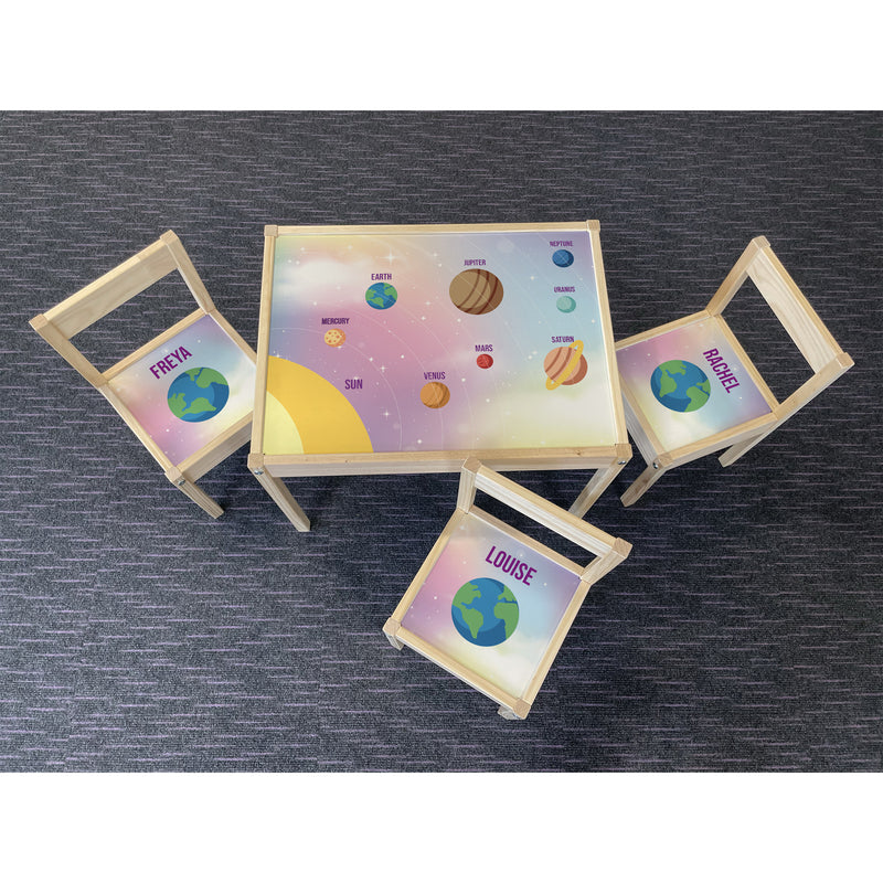 Personalised Children's Table and 3 Chairs Pink Planets Solar System Design