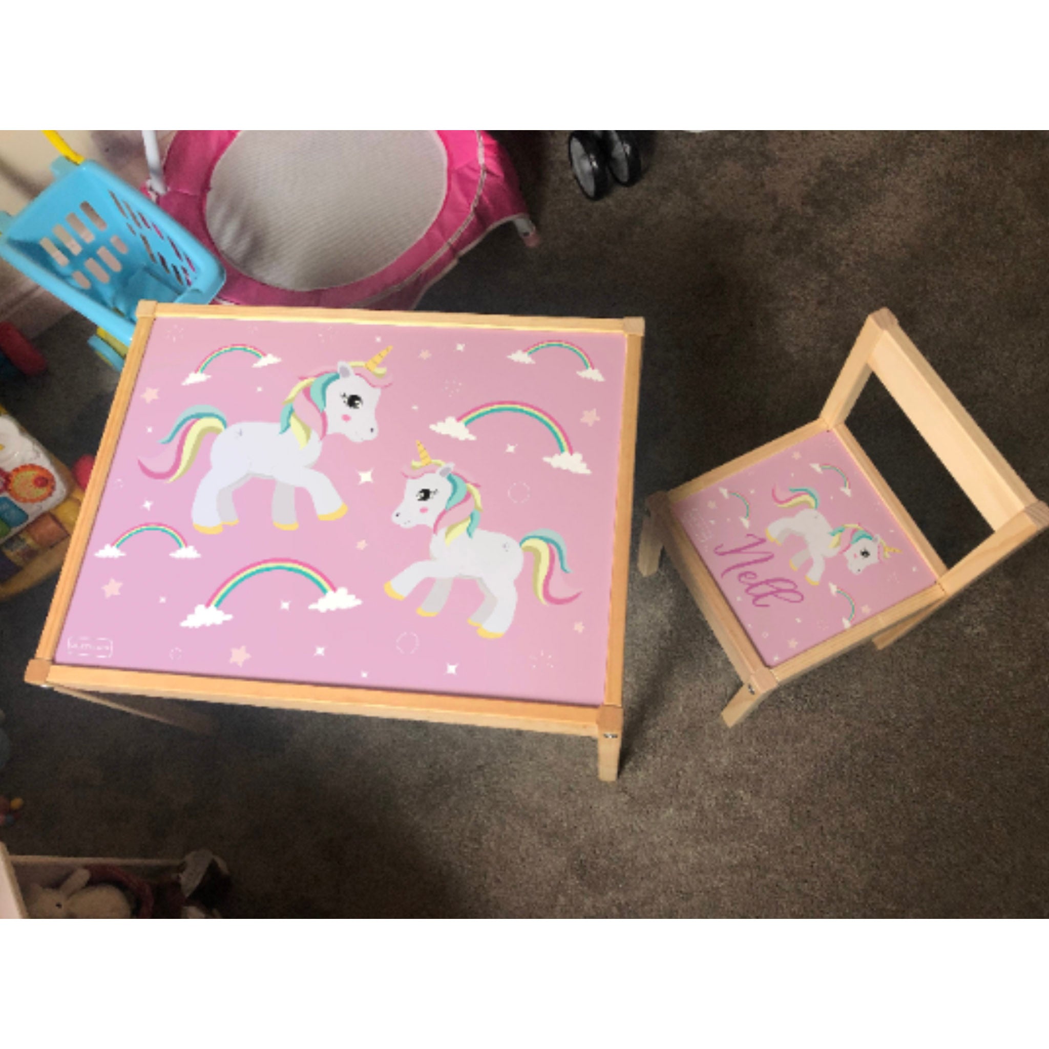 Personalised Children's Table and 1 Chair Printed Pink Unicorn Sparkle Design