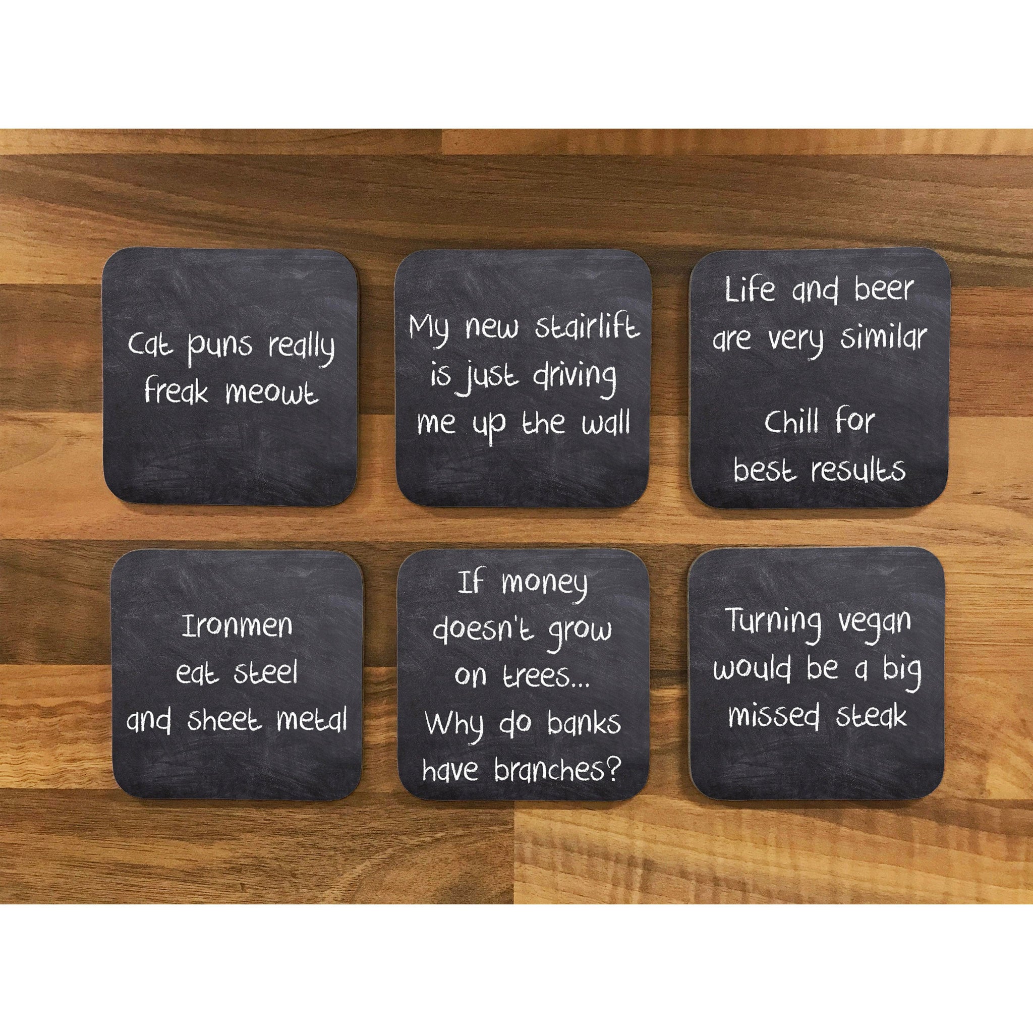 Set No 1 - Chalk Board Effect Pun Coasters - 6pk