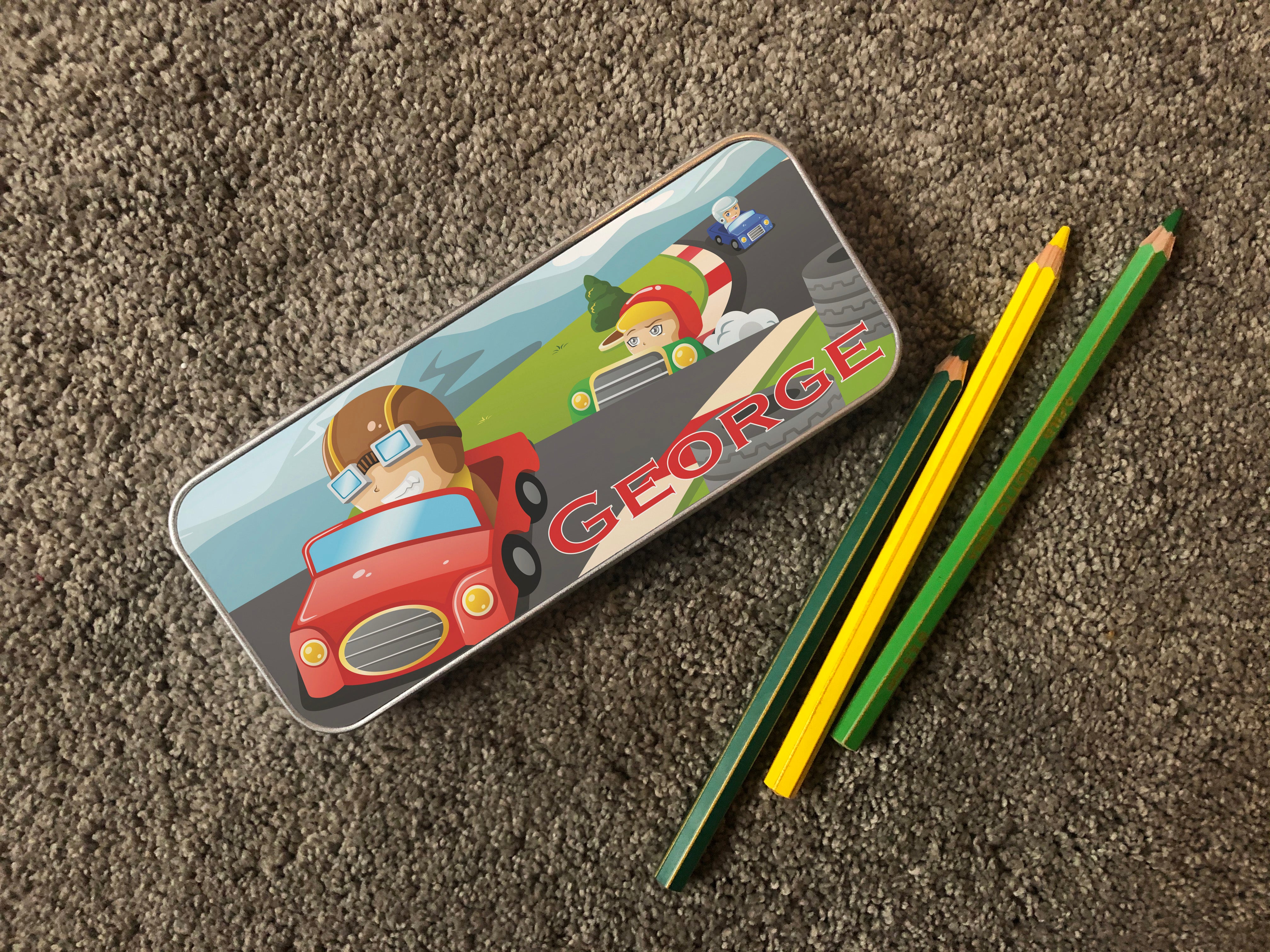 Personalised Children's Pencil Tin with Printed Race Car Design