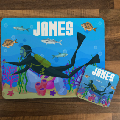 Personalised Kids Hardboard Placemat and Coaster Set Scuba Design