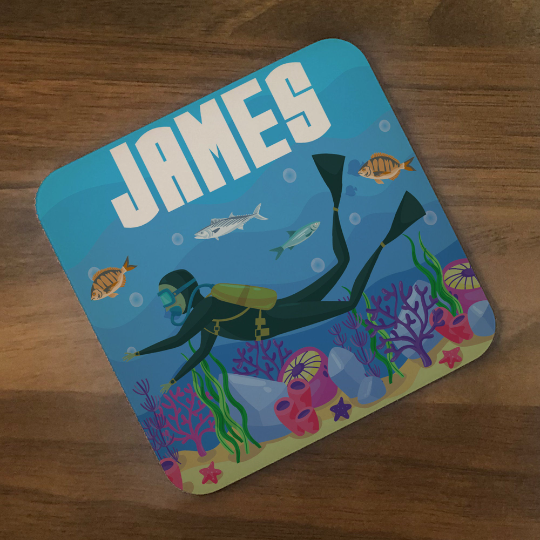 Personalised Kids Hardboard Placemat and Coaster Set Scuba Design