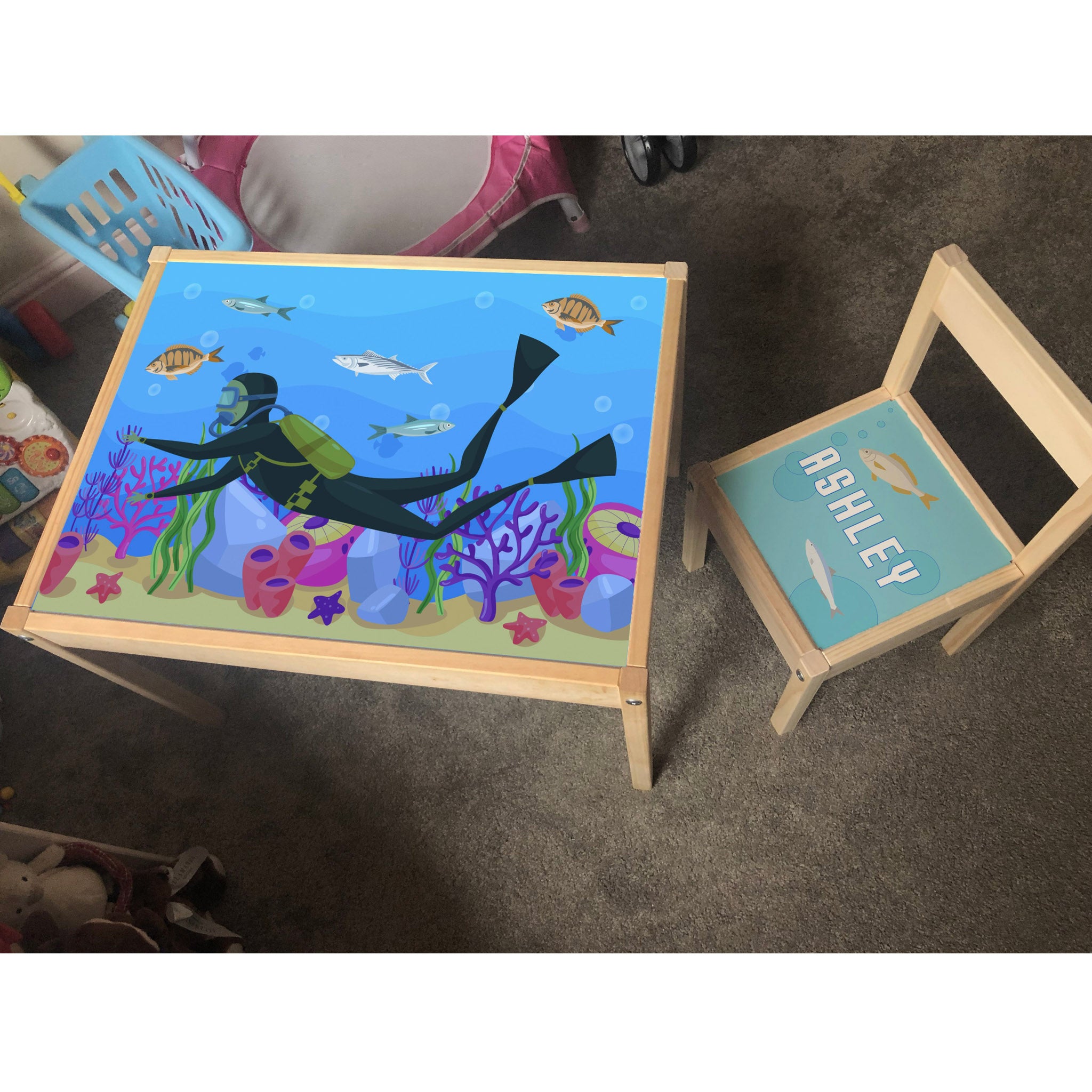 Personalised Children's Table and 1 Chair Printed Under The Sea Scuba Design