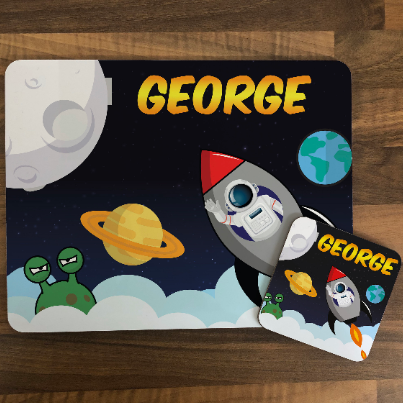 Personalised Kids Hardboard Placemat and Coaster Set Space Design