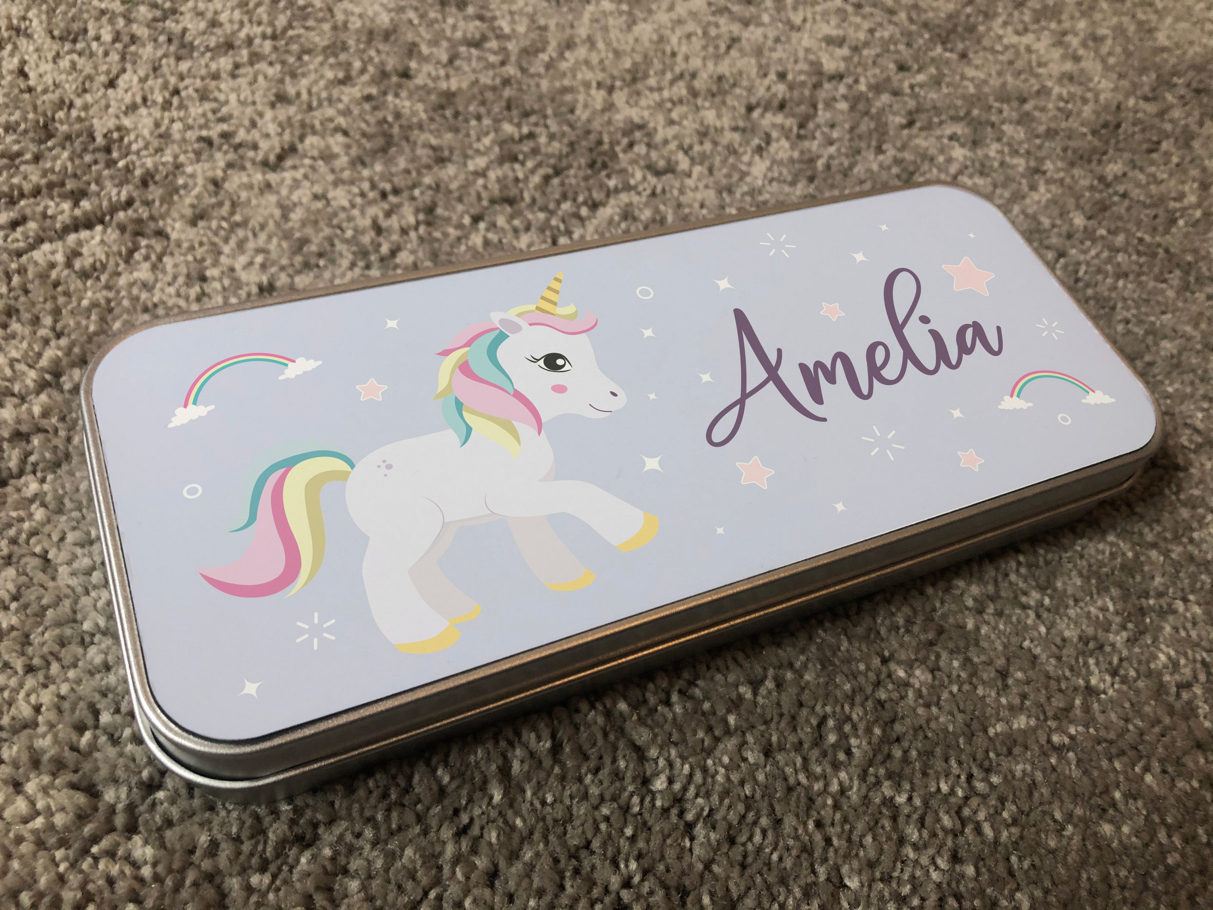 Personalised Children's Pencil Tin with Printed Unicorn Sparkle Design