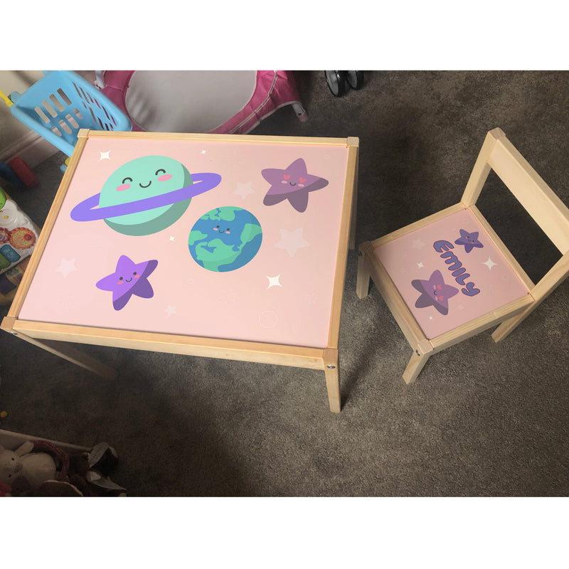 Personalised Children's Table and 1 Chair Printed Pink Stars Planets Design
