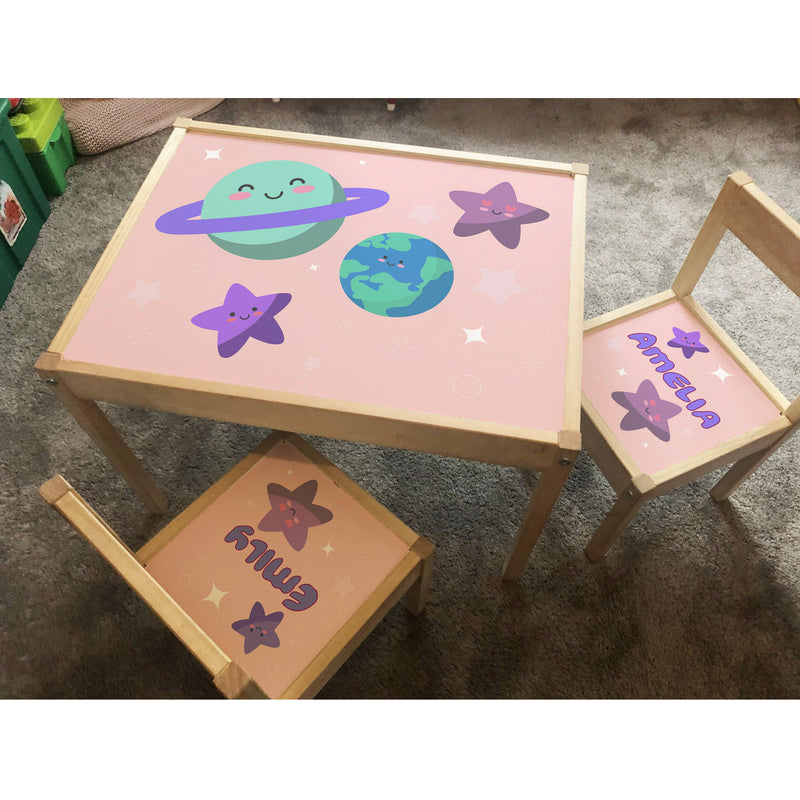 Personalised Children's Table and 2 Chair STICKER Pink Stars Planets Design