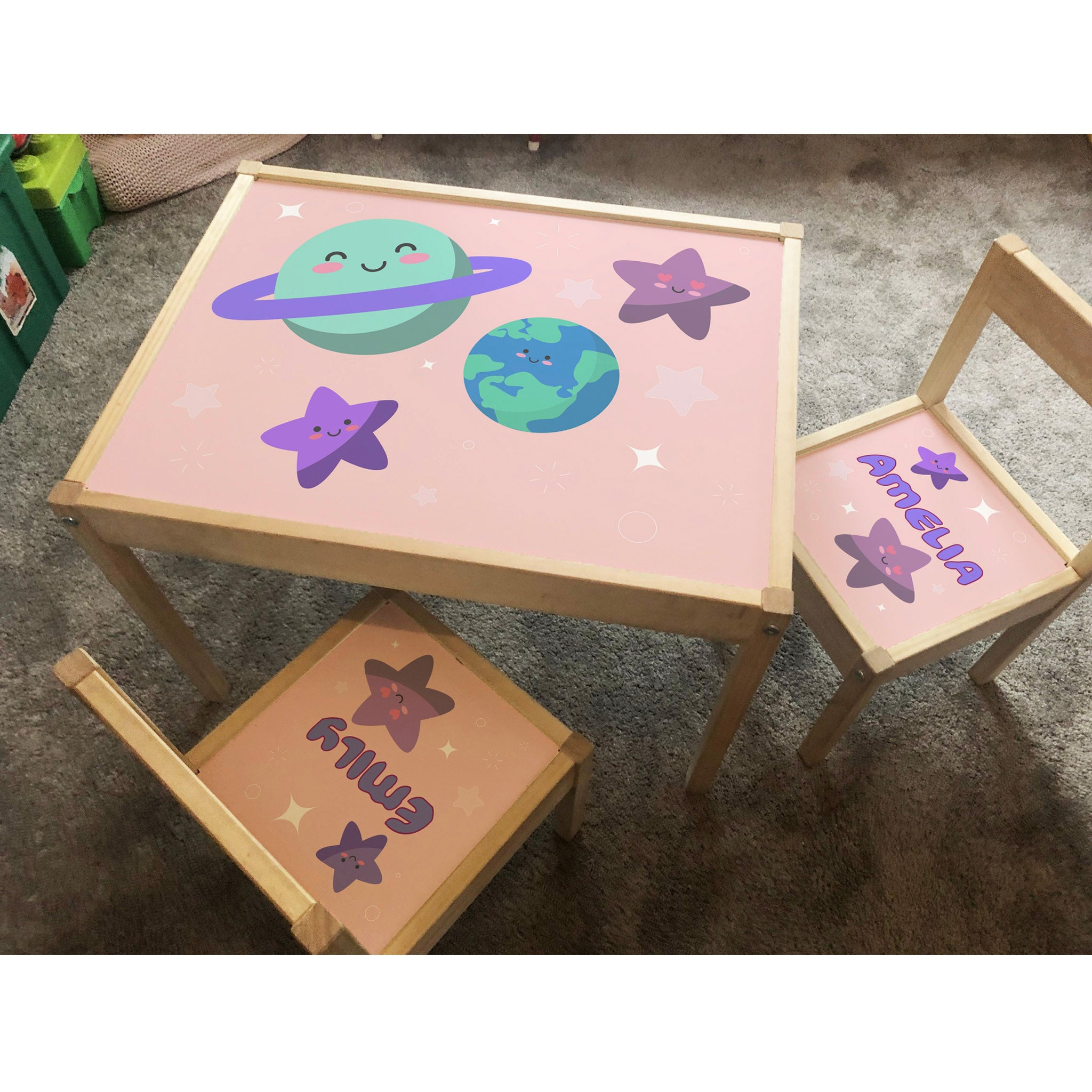 Personalised Children's Table and 2 Chairs Printed Pink Stars Planets Design