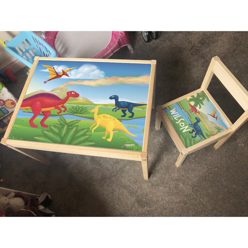Personalised Children's Table and 1 Chair STICKER Dinosaur Landscape Design