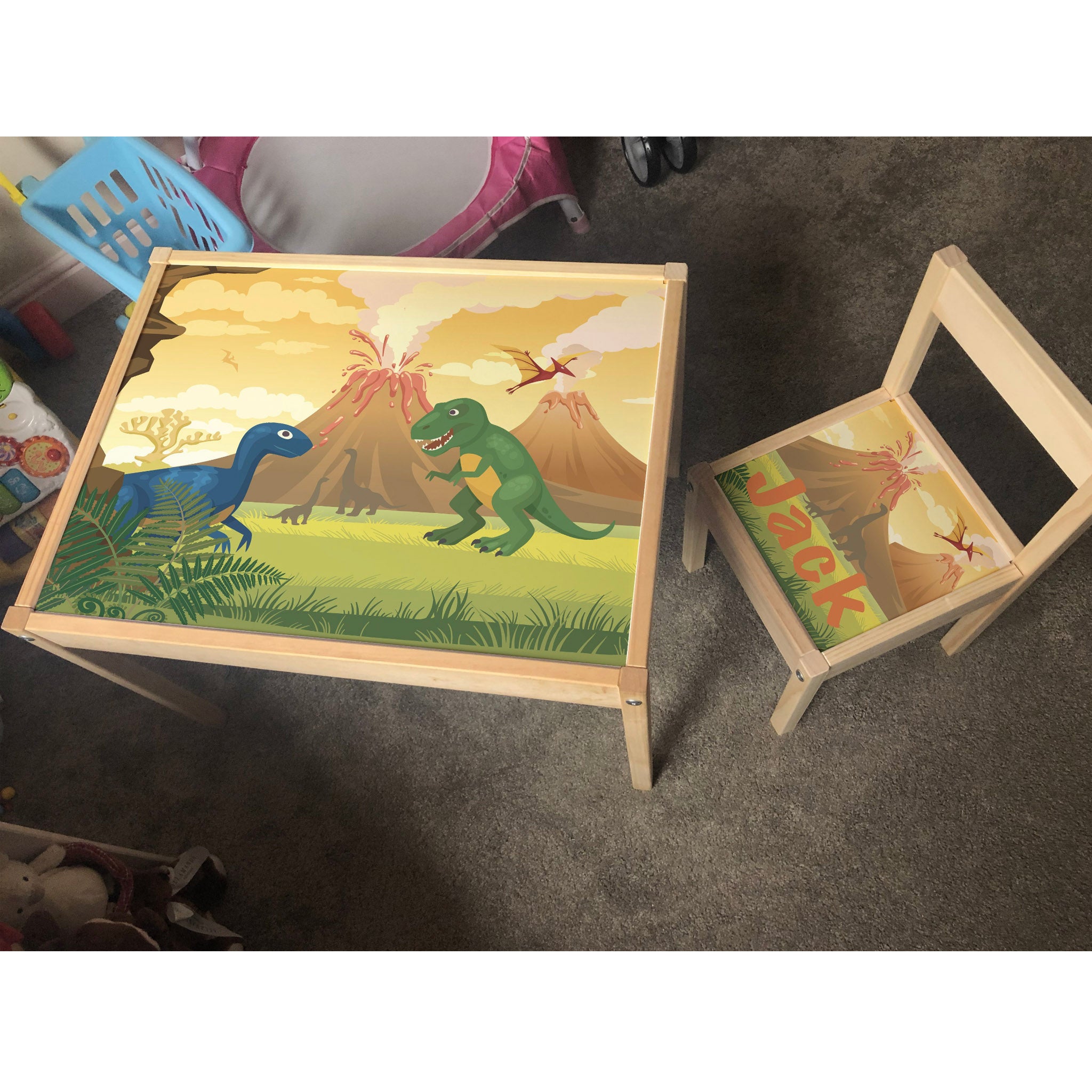 Personalised Children's Table and 1 Chair Printed Dinosaur Volcano Design