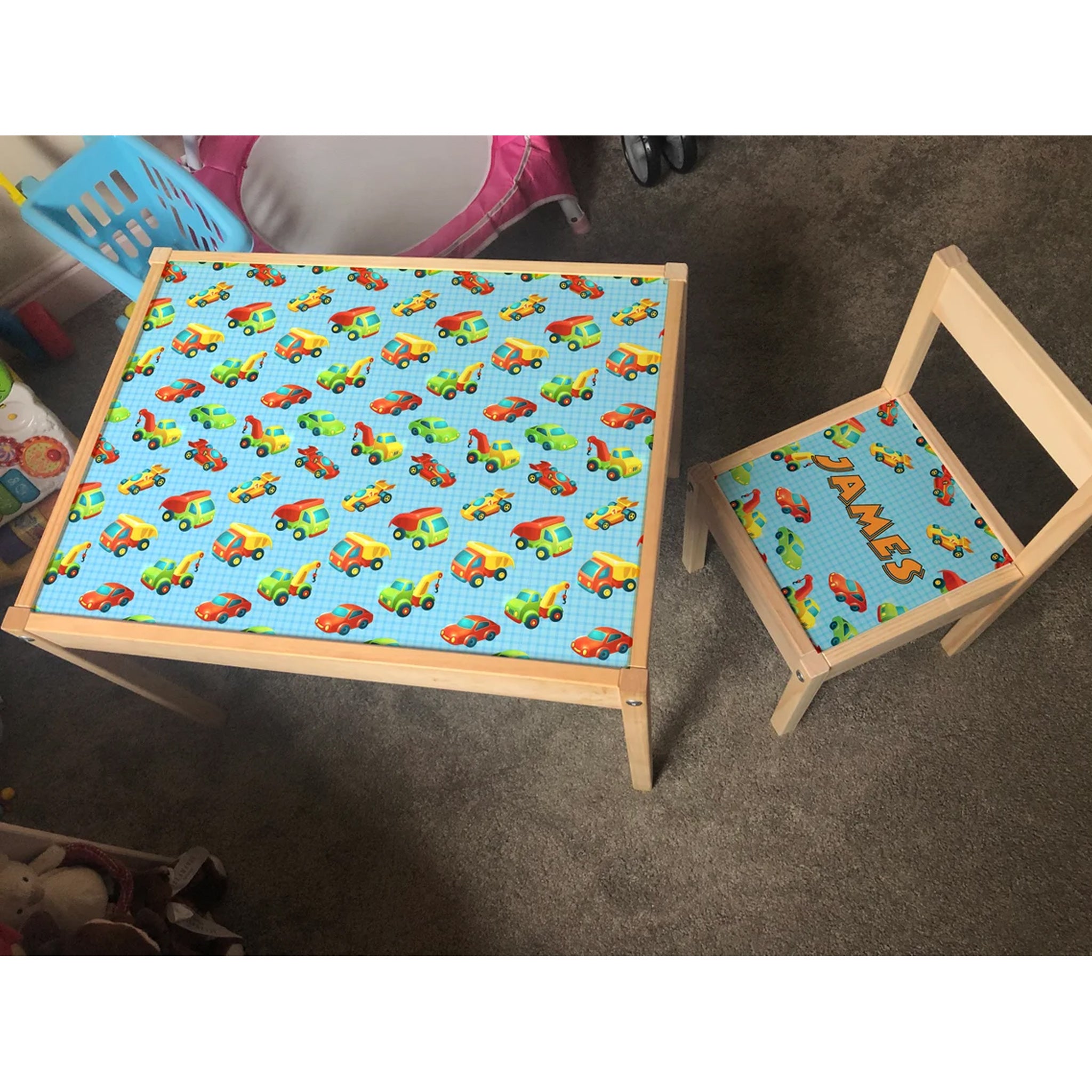 Personalised Children's Table and 1 Chair Printed Trucks & Cars Design