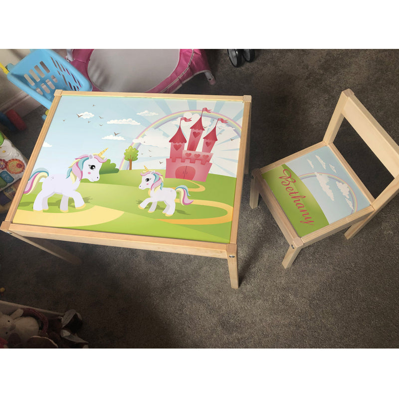 Personalised Children's Table and 1 Chair Printed Unicorn Fairytale Design