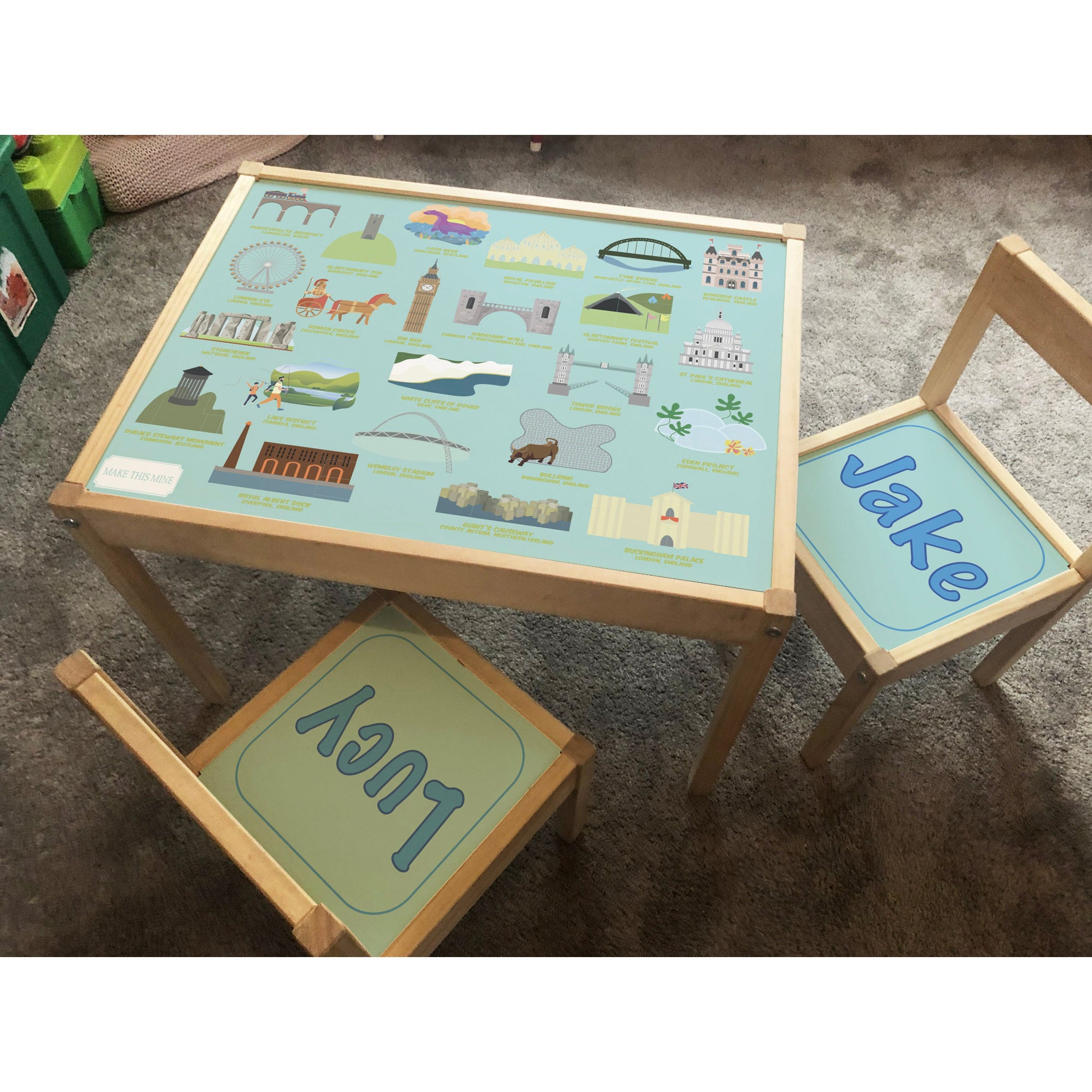 Personalised Children's Table and 2 Chairs Printed UK Landmarks Design