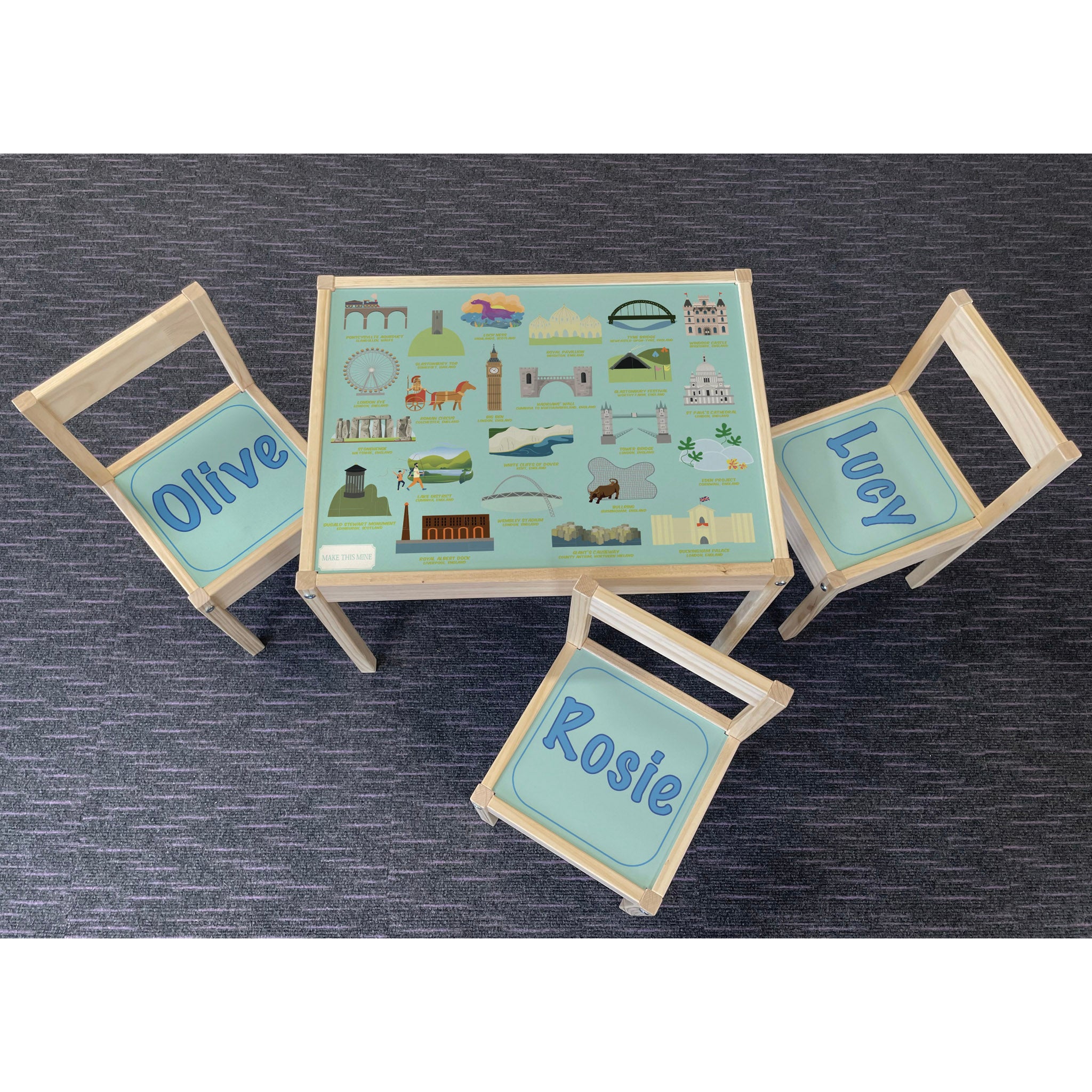 Personalised Children's Table and 3 Chairs Printed UK Landmarks Design