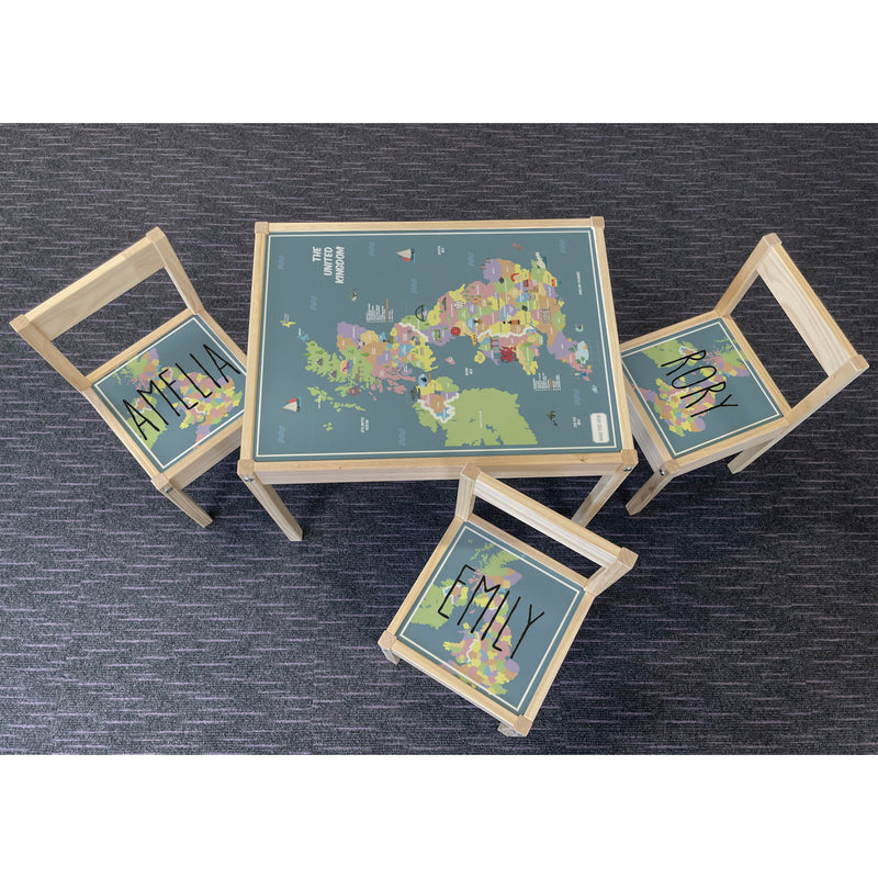 Personalised Children's Table and 3 Chairs Printed UK Map Design