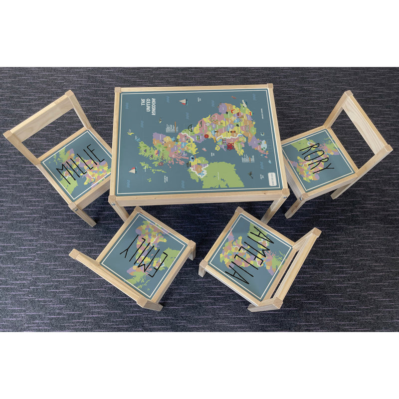 Personalised Children's Table and 4 Chairs Printed UK Map Design