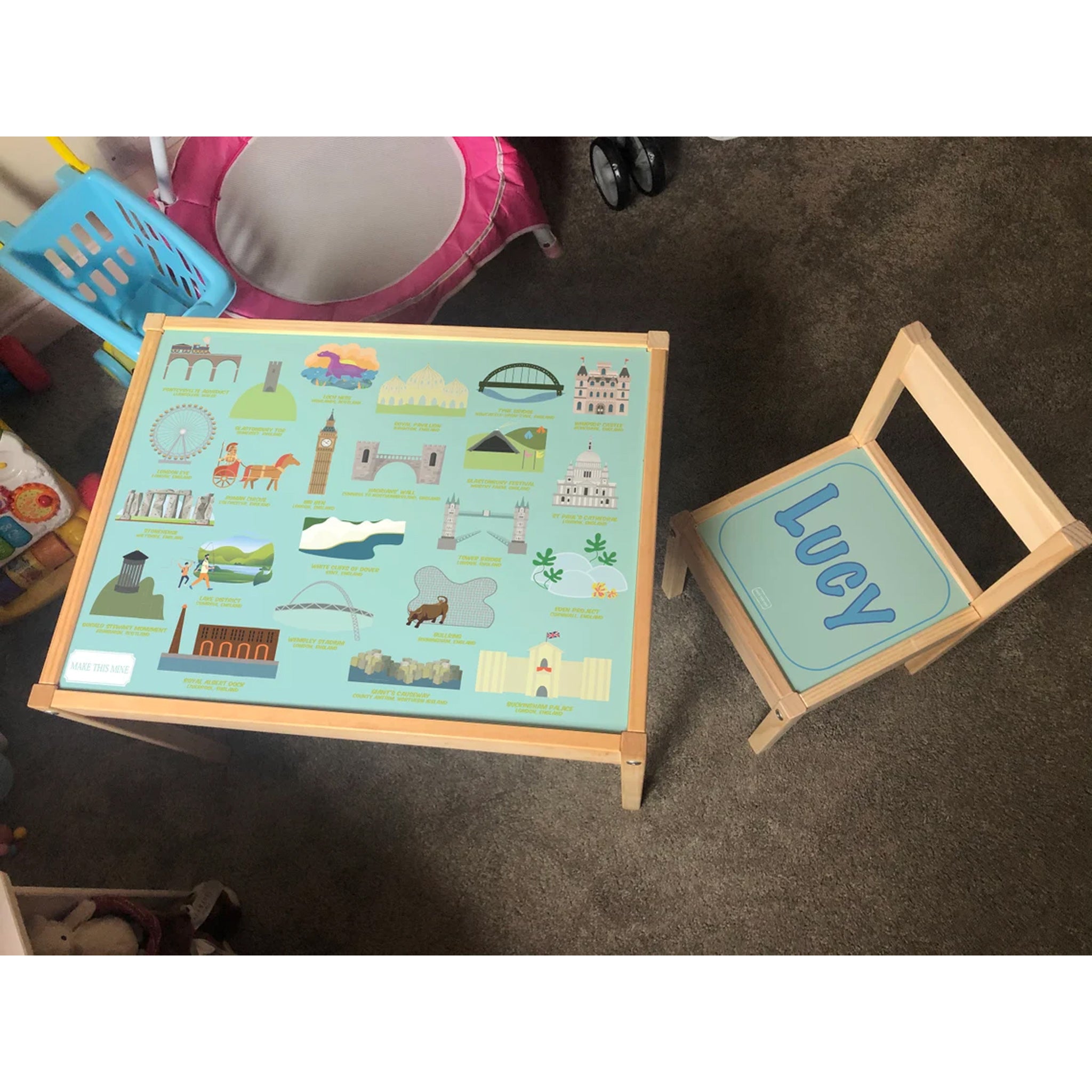 Personalised Children's Table and 1 Chair Printed UK Landmarks Design