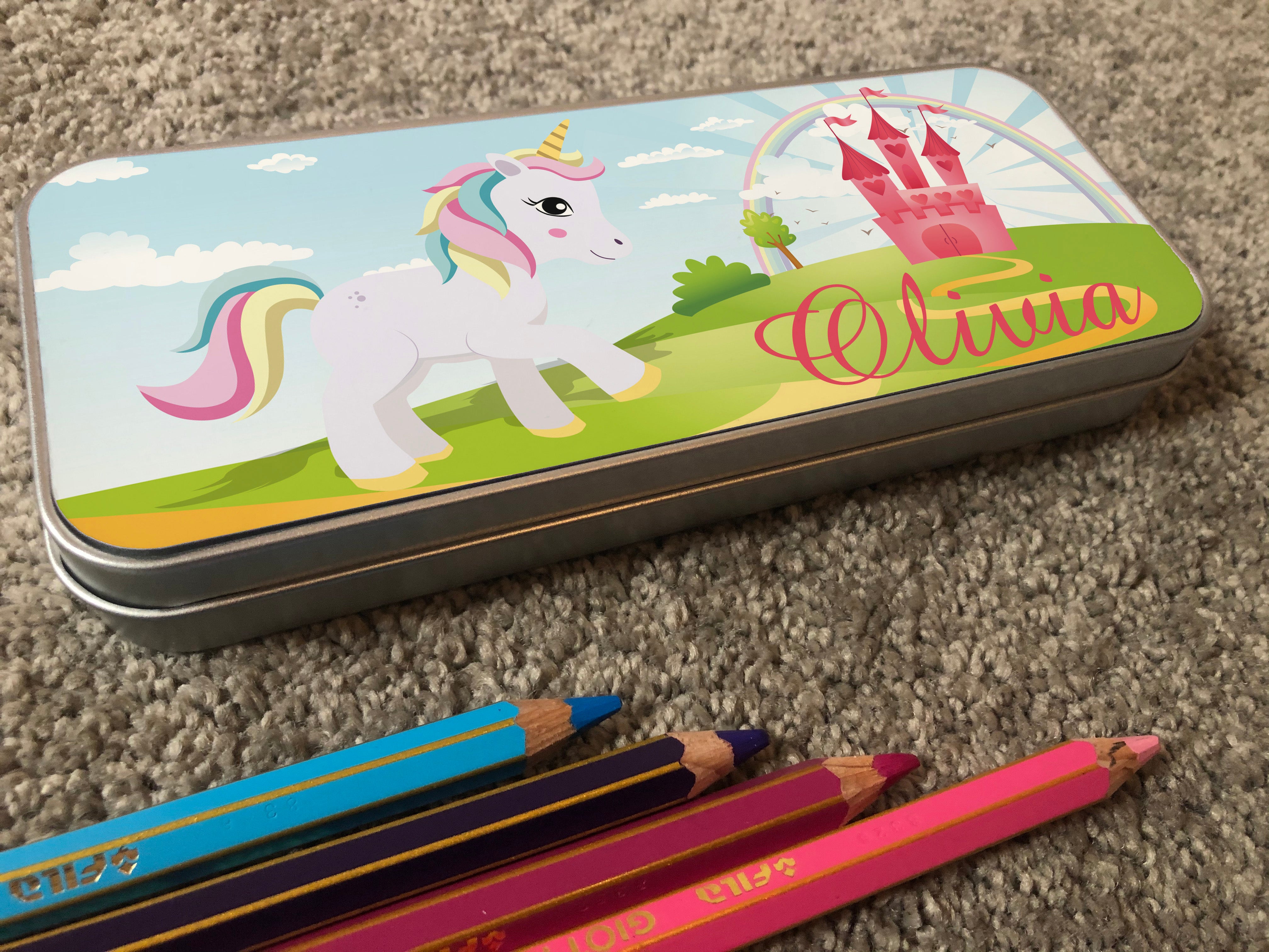 Personalised Children's Pencil Tin with Printed Unicorn Fairytale Design