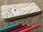 Personalised Children's Pencil Tin with Printed Striped Unicorn Design