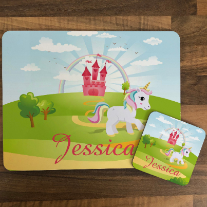 Personalised Kids Hardboard Placemat and Coaster Set Unicorn Fairytale Design