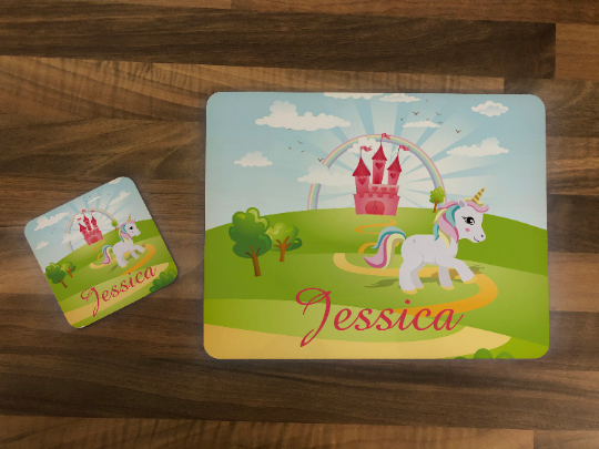 Personalised Kids Hardboard Placemat and Coaster Set Unicorn Fairytale Design