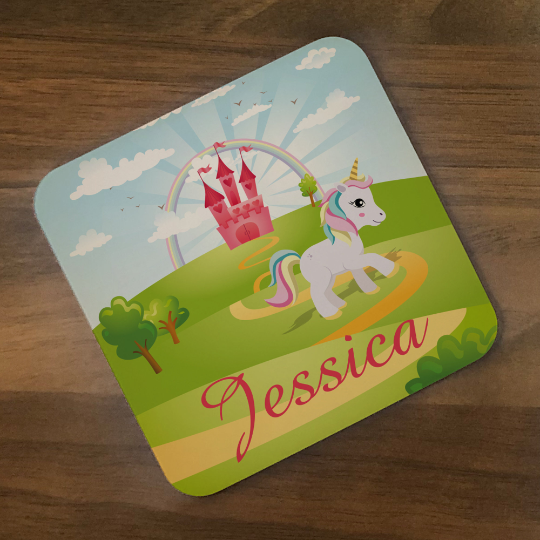 Personalised Kids Hardboard Placemat and Coaster Set Unicorn Fairytale Design