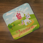 Personalised Kids Hardboard Placemat and Coaster Set Unicorn Fairytale Design