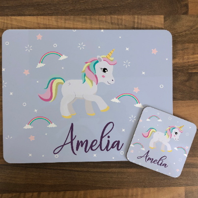 Personalised Kids Hardboard Placemat and Coaster Set Unicorn Sparkle Design