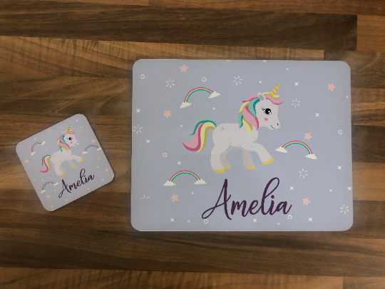 Personalised Kids Hardboard Placemat and Coaster Set Unicorn Sparkle Design