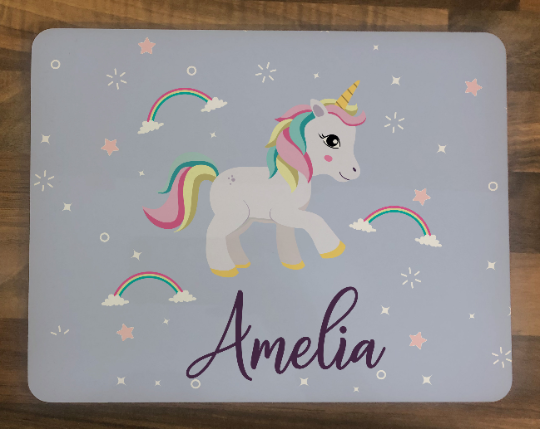 Personalised Kids Hardboard Placemat and Coaster Set Unicorn Sparkle Design